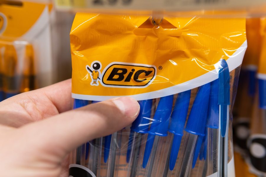 Tyumen, Russia-april 21, 2021: Bic company logo selective focus. Office supplies