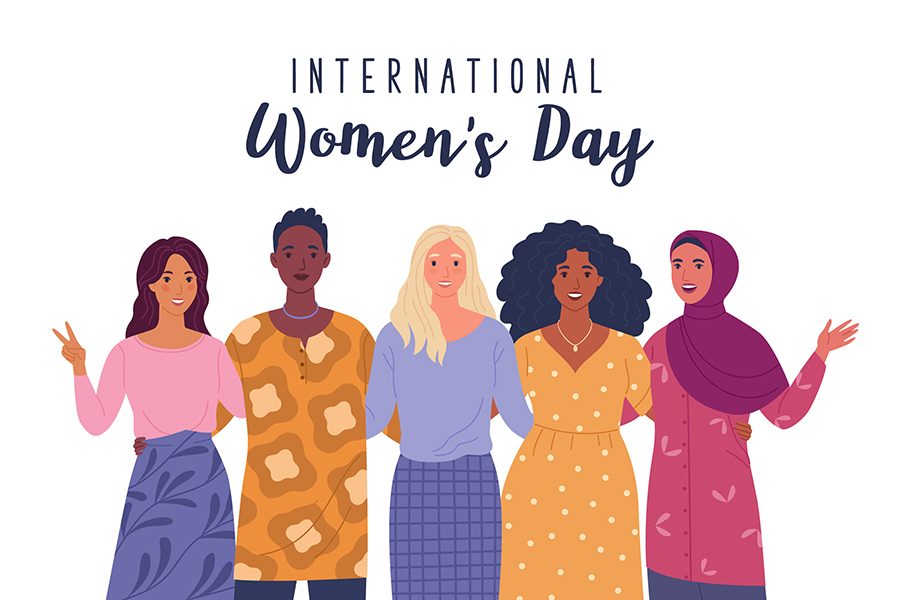 International Women's Day. Vector illustration of five happy smiling diverse women standing together. Isolated on white