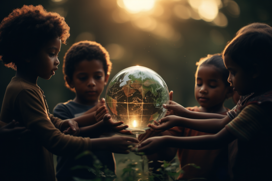 Young kids with globe